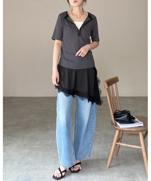 She's Closet(シーズクローゼット)の「半袖 配色バイカラー ヘンリーネック リブトップス カットソー Tシャツ(Tシャツ/カットソー・レディース・ブラック系その他/チャコールグレー/ホワイト系その他/ホワイト・FREE)」の7枚目の写真