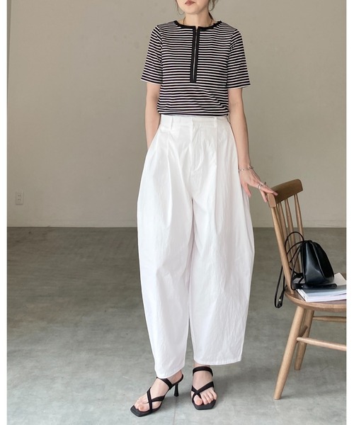 She's Closet(シーズクローゼット)の「半袖 配色バイカラー ヘンリーネック リブトップス カットソー Tシャツ(Tシャツ/カットソー・レディース・ブラック系その他/チャコールグレー/ホワイト系その他/ホワイト・FREE)」の8枚目の写真