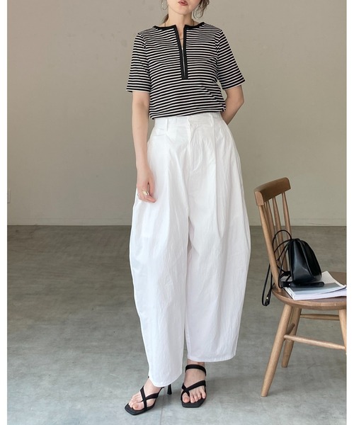 She's Closet(シーズクローゼット)の「半袖 配色バイカラー ヘンリーネック リブトップス カットソー Tシャツ(Tシャツ/カットソー・レディース・ブラック系その他/チャコールグレー/ホワイト系その他/ホワイト・FREE)」の9枚目の写真