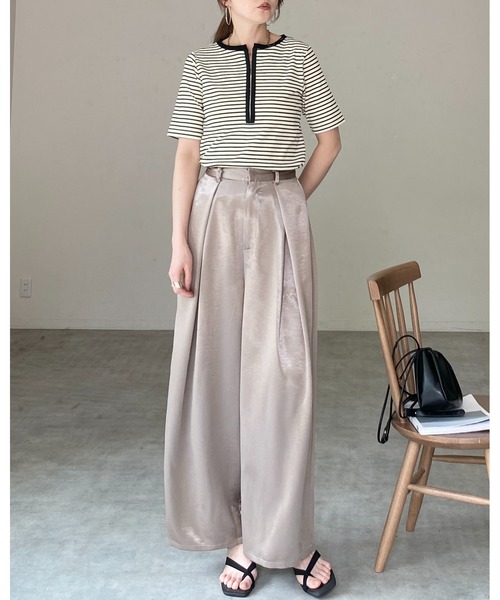 She's Closet(シーズクローゼット)の「半袖 配色バイカラー ヘンリーネック リブトップス カットソー Tシャツ(Tシャツ/カットソー・レディース・ブラック系その他/チャコールグレー/ホワイト系その他/ホワイト・FREE)」の12枚目の写真