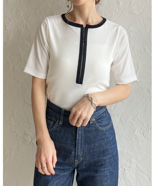 She's Closet(シーズクローゼット)の「半袖 配色バイカラー ヘンリーネック リブトップス カットソー Tシャツ(Tシャツ/カットソー・レディース・ブラック系その他/チャコールグレー/ホワイト系その他/ホワイト・FREE)」の13枚目の写真