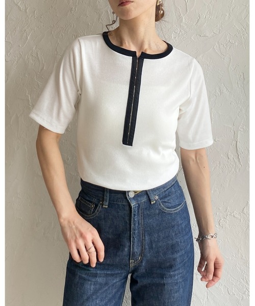 She's Closet(シーズクローゼット)の「半袖 配色バイカラー ヘンリーネック リブトップス カットソー Tシャツ(Tシャツ/カットソー・レディース・ブラック系その他/チャコールグレー/ホワイト系その他/ホワイト・FREE)」の14枚目の写真