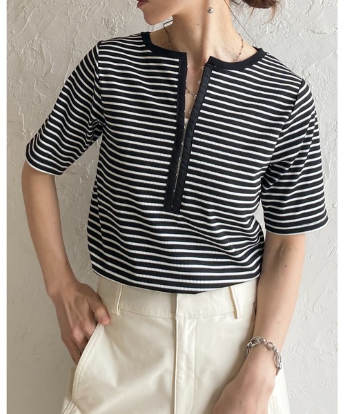 She's Closet(シーズクローゼット)の「半袖 配色バイカラー ヘンリーネック リブトップス カットソー Tシャツ(Tシャツ/カットソー・レディース・ブラック系その他/チャコールグレー/ホワイト系その他/ホワイト・FREE)」の16枚目の写真