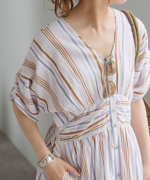 WEB限定 / 追加》ne Quittez pas Cotton Voile Stripe Waist Gather