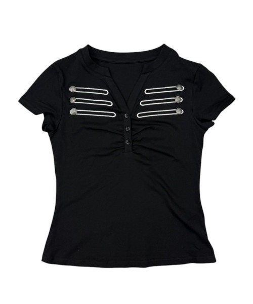 Never mind the XU / Chikashitsu+(ネバーマインド ザ エックスユー / チカシツプラス)の「【nmtc+】Napoleon Henley Slim Tee / 【エヌエムティーシープラス】ナポレオンヘンリーネック半袖トップス(Tシャツ/カットソー・レディース・ブラック・ONE SIZE)」の4枚目の写真