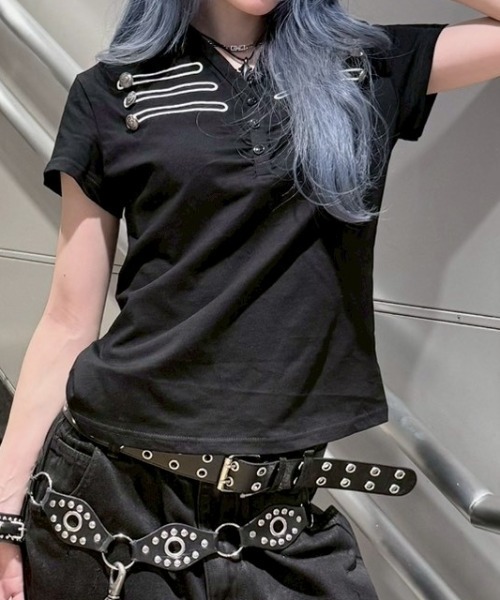Never mind the XU / Chikashitsu+(ネバーマインド ザ エックスユー / チカシツプラス)の「【nmtc+】Napoleon Henley Slim Tee / 【エヌエムティーシープラス】ナポレオンヘンリーネック半袖トップス(Tシャツ/カットソー・レディース・ブラック・ONE SIZE)」の10枚目の写真