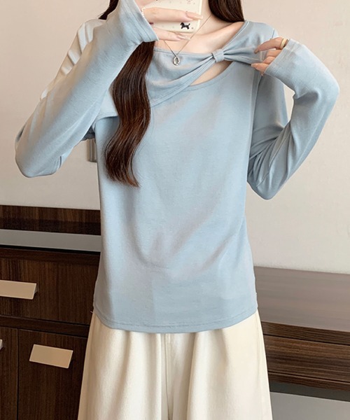 2ly2(トゥーリートゥー)の「リボンデザインカットソー / アシンメトリーネックトップス(Tシャツ/カットソー・レディース・ブルー/ホワイト/ブラック/ブラウン・FREE)」の18枚目の写真