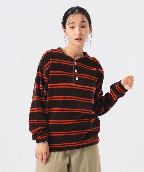 Healthknit(ヘルスニット)の「【別注】Healthknit / ボーダー ベロア ヘンリーネック(Tシャツ/カットソー・レディース・ブラック/ブラウン・ONE SIZE)」の2枚目の写真