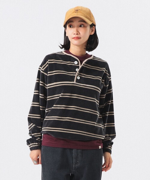 Healthknit(ヘルスニット)の「【別注】Healthknit / ボーダー ベロア ヘンリーネック(Tシャツ/カットソー・レディース・ブラック/ブラウン・ONE SIZE)」の1枚目の写真