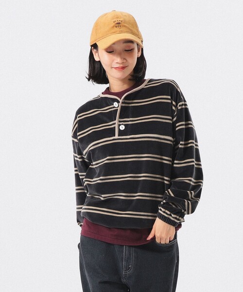 Healthknit(ヘルスニット)の「【別注】Healthknit / ボーダー ベロア ヘンリーネック(Tシャツ/カットソー・レディース・ブラック/ブラウン・ONE SIZE)」の6枚目の写真