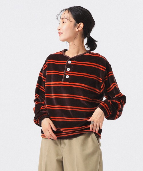 Healthknit(ヘルスニット)の「【別注】Healthknit / ボーダー ベロア ヘンリーネック(Tシャツ/カットソー・レディース・ブラック/ブラウン・ONE SIZE)」の10枚目の写真