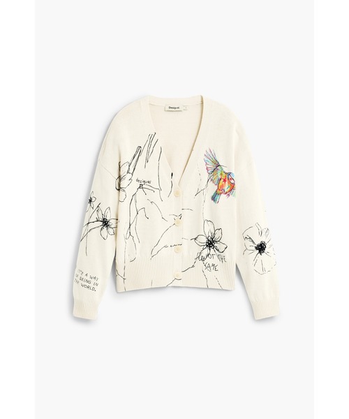 Desigual(デシグアル)の「スケッチアート ニットカーディガン 白【2026-2027年秋冬新作】(ニット/セーター・レディース・ホワイト・XS/S/M/L/XL)」の1枚目の写真