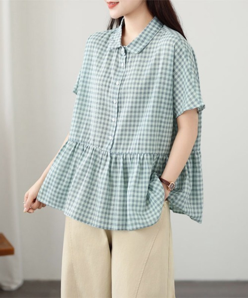 ONEP STAR(ワンピスター)の「チェック柄ペプラム半袖ブラウス(シャツ/ブラウス・レディース・ブラック/ライトグリーン・MEDIUM/LARGE/X-LARGE)」の5枚目の写真
