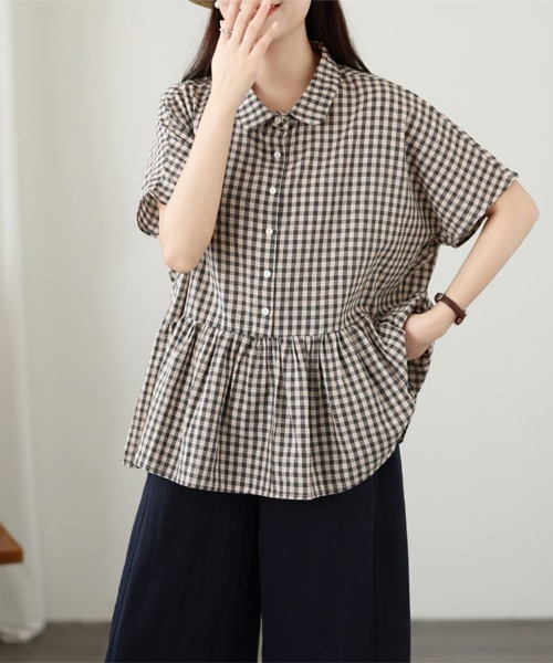 ONEP STAR(ワンピスター)の「チェック柄ペプラム半袖ブラウス(シャツ/ブラウス・レディース・ブラック/ライトグリーン・MEDIUM/LARGE/X-LARGE)」の10枚目の写真