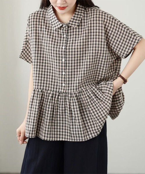 ONEP STAR(ワンピスター)の「チェック柄ペプラム半袖ブラウス(シャツ/ブラウス・レディース・ブラック/ライトグリーン・MEDIUM/LARGE/X-LARGE)」の11枚目の写真