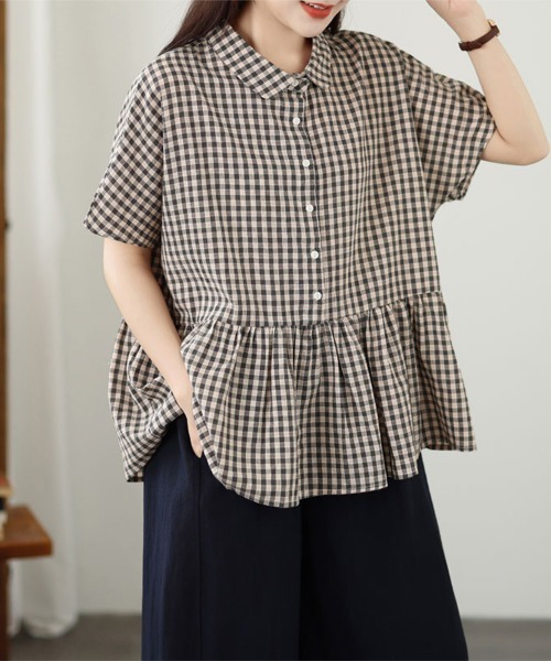 ONEP STAR(ワンピスター)の「チェック柄ペプラム半袖ブラウス(シャツ/ブラウス・レディース・ブラック/ライトグリーン・MEDIUM/LARGE/X-LARGE)」の12枚目の写真