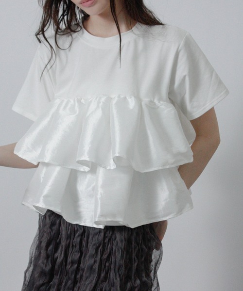 NYLAUS(ナイラス)の「【SG】フリルドッキング Tシャツ 半袖 ナイロンフリル(Tシャツ/カットソー・レディース・ブラック/オフホワイト/ホワイト×ブラック・M)」の2枚目の写真