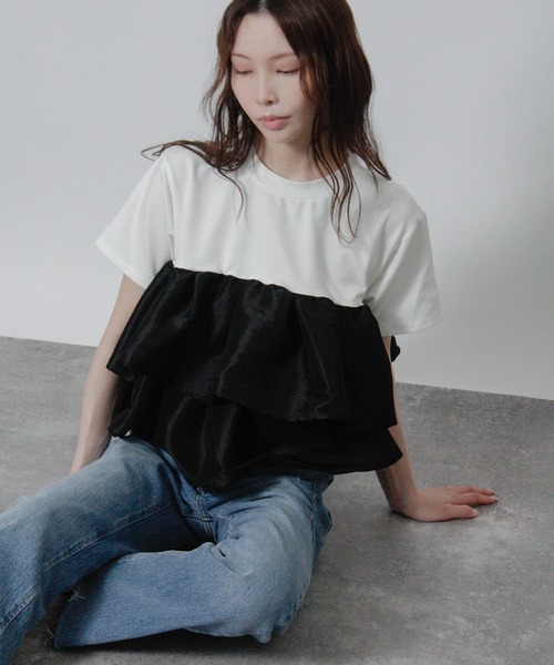 NYLAUS(ナイラス)の「【SG】フリルドッキング Tシャツ 半袖 ナイロンフリル(Tシャツ/カットソー・レディース・ブラック/オフホワイト/ホワイト×ブラック・M)」の4枚目の写真