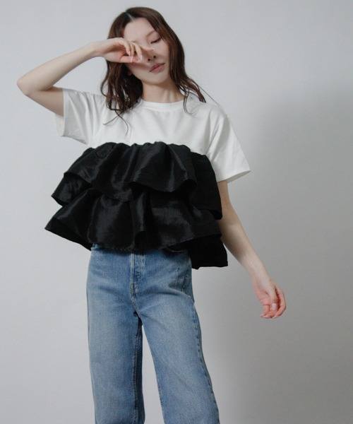 NYLAUS(ナイラス)の「【SG】フリルドッキング Tシャツ 半袖 ナイロンフリル(Tシャツ/カットソー・レディース・ブラック/オフホワイト/ホワイト×ブラック・M)」の5枚目の写真
