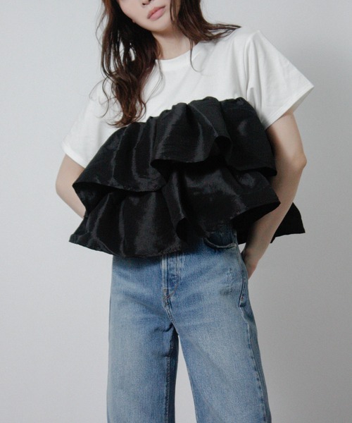 NYLAUS(ナイラス)の「【SG】フリルドッキング Tシャツ 半袖 ナイロンフリル(Tシャツ/カットソー・レディース・ブラック/オフホワイト/ホワイト×ブラック・M)」の8枚目の写真