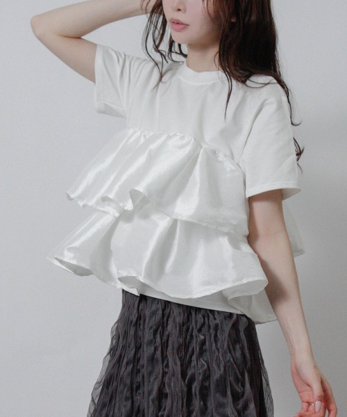 NYLAUS(ナイラス)の「【SG】フリルドッキング Tシャツ 半袖 ナイロンフリル(Tシャツ/カットソー・レディース・ブラック/オフホワイト/ホワイト×ブラック・M)」の11枚目の写真