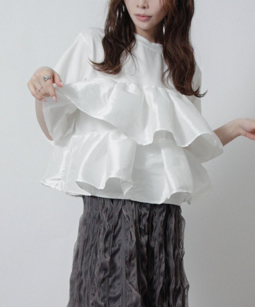 NYLAUS(ナイラス)の「【SG】フリルドッキング Tシャツ 半袖 ナイロンフリル(Tシャツ/カットソー・レディース・ブラック/オフホワイト/ホワイト×ブラック・M)」の13枚目の写真
