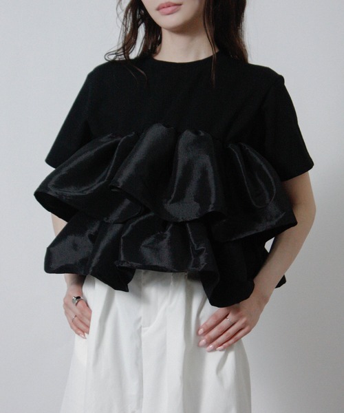 NYLAUS(ナイラス)の「【SG】フリルドッキング Tシャツ 半袖 ナイロンフリル(Tシャツ/カットソー・レディース・ブラック/オフホワイト/ホワイト×ブラック・M)」の17枚目の写真