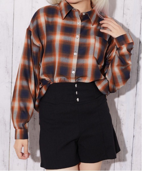 GORGE（ゴージ）の「オンブレチェック シアーシャツ｜全2色（シャツ/ブラウス・レディース・オレンジ/ブラック・F）」の6枚目の写真