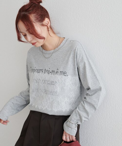 DISCOAT(ディスコート)の「【WEB限定】レースオーバーステッチプリントTシャツ(Tシャツ/カットソー・レディース・オフホワイト/チャコールグレー/グレー・FREE)」の3枚目の写真