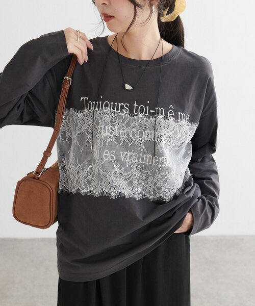 DISCOAT(ディスコート)の「【WEB限定】レースオーバーステッチプリントTシャツ(Tシャツ/カットソー・レディース・オフホワイト/チャコールグレー/グレー・FREE)」の16枚目の写真