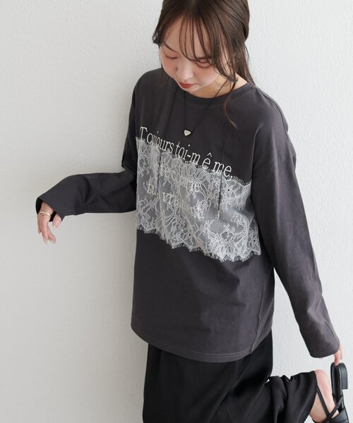 DISCOAT(ディスコート)の「【WEB限定】レースオーバーステッチプリントTシャツ(Tシャツ/カットソー・レディース・オフホワイト/チャコールグレー/グレー・FREE)」の19枚目の写真