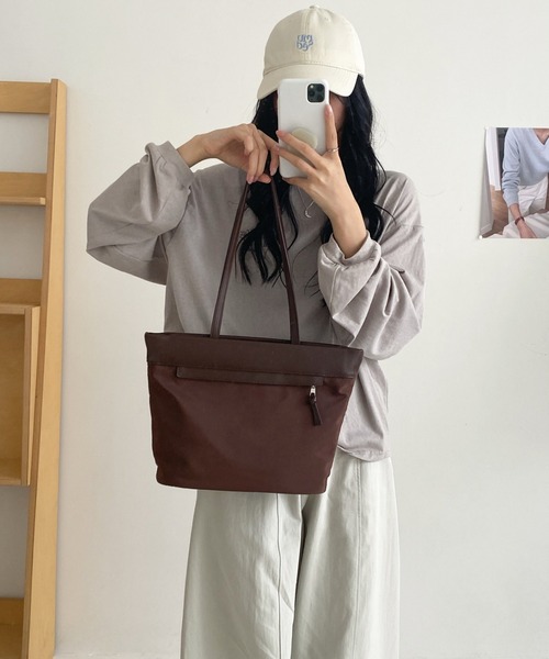 Alum'(アルム)の「異素材コンビフロントジップトートバッグ(トートバッグ・レディース・ブラック/ホワイト/ブラウン・FREE)」の9枚目の写真