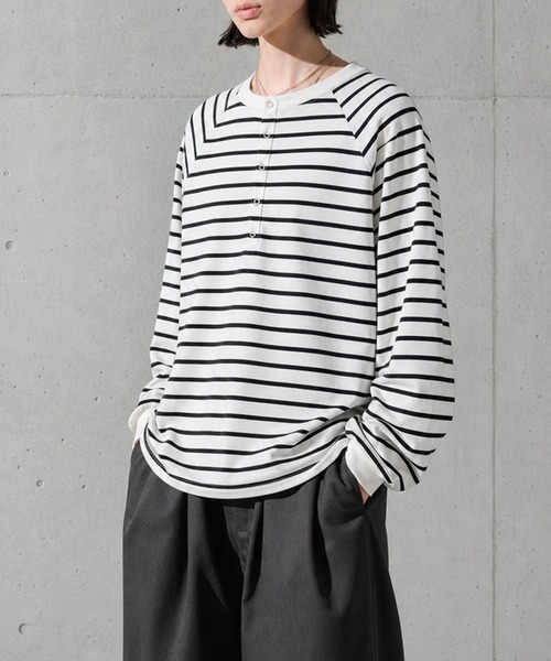 Starting Over(スターティングオーバー)の「Snap-Button Henley Neck Jersey Long-Sleeve T-Shirt/スナップヘンリーネック天竺ロングスリーブTシャツ(Tシャツ/カットソー・メンズ・グリーン/ブラック×ホワイト/ブラック/ホワイト・M)」の3枚目の写真