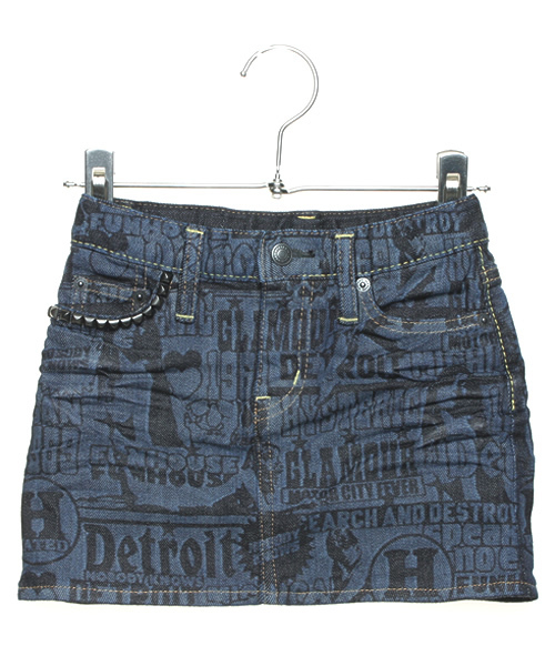 JOEY HYSTERIC(ジョーイヒステリック)の「THE KILL CITY総柄デニムミニSK(デニムスカート・キッズ・インディゴブルー・SMALL/MEDIUM)」の1枚目の写真