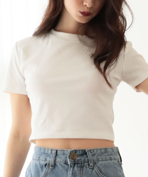 Julia Boutique（ジュリアブティック）の「ハイネックショート丈半袖トップス・Tシャツ・カットソー/510723（Tシャツ/カットソー・レディース・ブラック/ホワイト/ピンク/ブルー・ONE）」の2枚目の写真