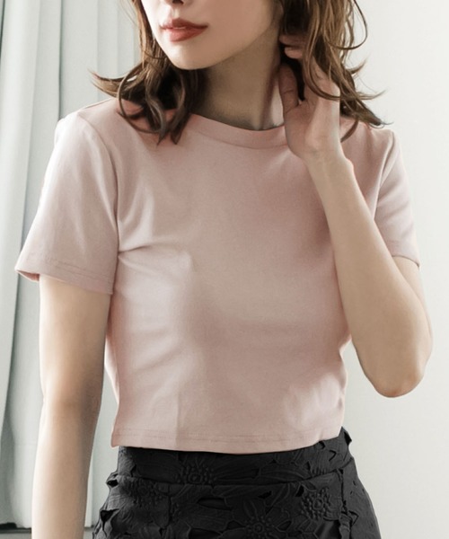 Julia Boutique（ジュリアブティック）の「ハイネックショート丈半袖トップス・Tシャツ・カットソー/510723（Tシャツ/カットソー・レディース・ブラック/ホワイト/ピンク/ブルー・ONE）」の4枚目の写真