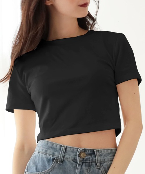 Julia Boutique（ジュリアブティック）の「ハイネックショート丈半袖トップス・Tシャツ・カットソー/510723（Tシャツ/カットソー・レディース・ブラック/ホワイト/ピンク/ブルー・ONE）」の3枚目の写真