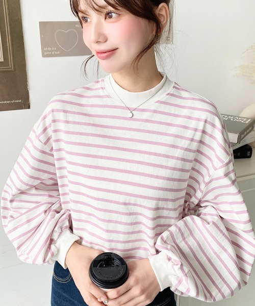 moment+（モーメントプラス）の「【累計販売枚数4万枚突破！】綿100％無地＆ボーダー モックネックボリュームスリーブロンT（Tシャツ/カットソー・レディース・ブラック/パープル/ブラウン/オフホワイト/カーキ/イエロー/ブルー/ライトグリーン/ミント/グレイッシュベージュ/コーラル/ベージュ/グリーン/ブラック系その他/ピンク/レッド/ベージュ系その他/サックスブルー/グレー/杢グレー/チャコールグレー/ピンク系その他・FREE/M）」の20枚目の写真