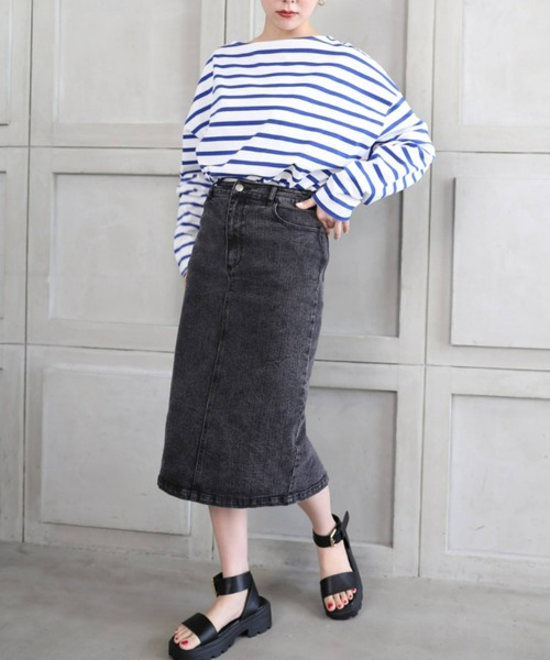 moment+（モーメントプラス）の「ストレッチデニム＆ツイル バックスリットタイトスカート（デニムスカート・レディース・ブラック/サックスブルー/インディゴブルー/アイボリー/グレイッシュベージュ/カーキ/オフホワイト/ブラック系その他・S/M/L）」の21枚目の写真