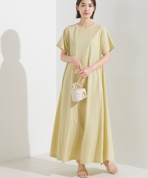 LINE ADDITION ◆透け感のあるフレアワンピース。 DRESS+ ワンピース フレア Aライン 長袖 ストレッチ素材