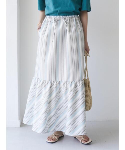 Green　Parks（グリーンパークス）の「ストライプ切替ロングスカート＊（スカート・レディース・サックスブルー/ライトベージュ・FREE）」の18枚目の写真