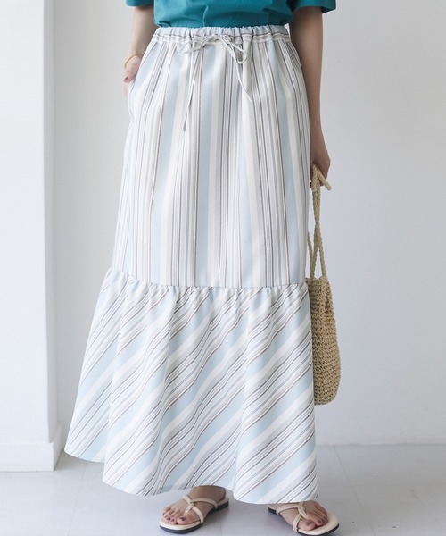 Green　Parks（グリーンパークス）の「ストライプ切替ロングスカート＊（スカート・レディース・サックスブルー/ライトベージュ・FREE）」の2枚目の写真