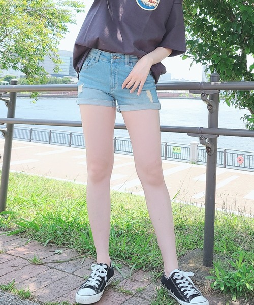 ストレッチデニム ロールアップ ショートパンツ