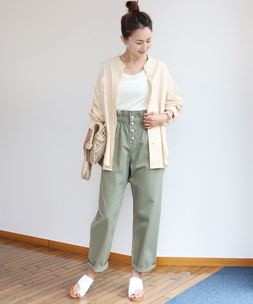 andme（アンドミー）の「コットンツイルギャザーウエストストレートパンツ（チノパンツ・レディース・アイボリー/ブラック/サンドベージュ/ライトカーキ・S/M/L）」の19枚目の写真