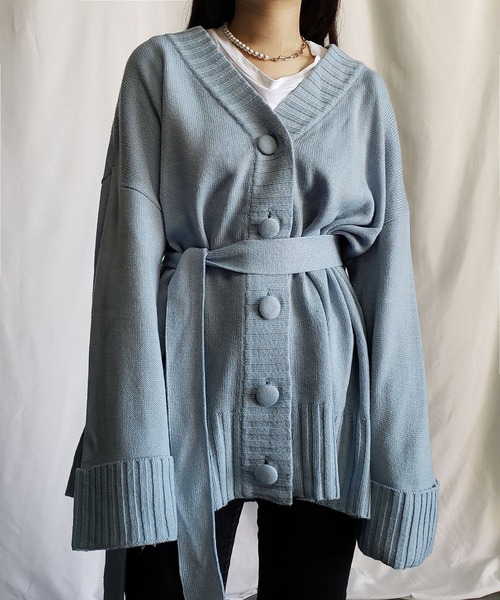 me+em select(ミームセレクト)の「ウエストマーク付 ボリューム袖ビッグカーディガン(カーディガン/ボレロ・レディース・ピンク/ブラック/ブルー/アイボリー・FREE)」の15枚目の写真