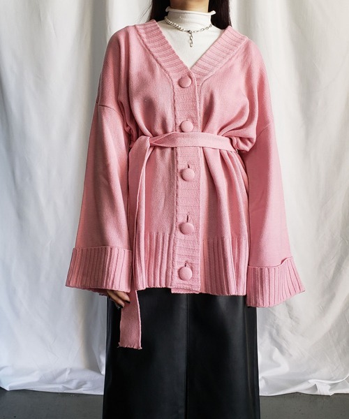 me+em select(ミームセレクト)の「ウエストマーク付 ボリューム袖ビッグカーディガン(カーディガン/ボレロ・レディース・ピンク/ブラック/ブルー/アイボリー・FREE)」の16枚目の写真