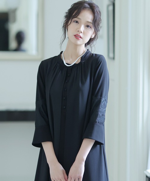 ワンピース結婚式パーティードレスフロントボタンミモレ丈 袖あり大きいサイズフォーマル ワンピース Pourvous プールヴー のファッション