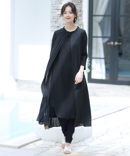 ワンピース結婚式パーティードレスフロントボタンミモレ丈 袖あり大きいサイズフォーマル ワンピース Pourvous プールヴー のファッション