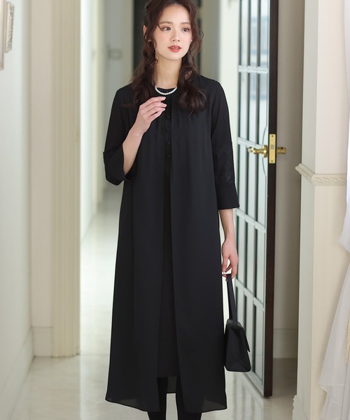 セール 結婚式パーティードレスフロントボタンミモレ丈 袖あり大きいサイズフォーマル ワンピース Pourvous プールヴー のファッション通販 Zozotown