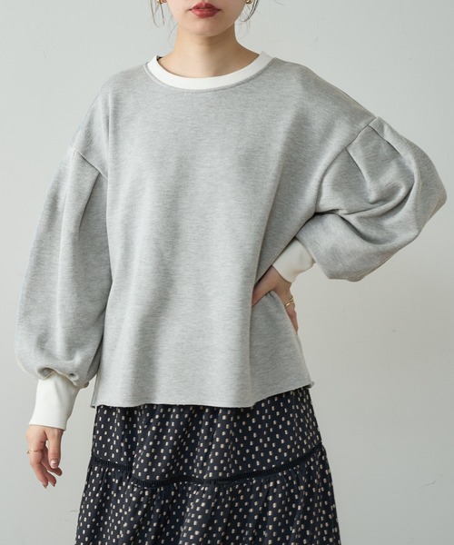 natural couture（ナチュラルクチュール）の「ボリュームスリーブ配色裏毛プルオーバー（スウェット・レディース・グレー/ピンク/オフホワイト/スミクロ・FREE）」の18枚目の写真